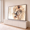 Quadro Decorativo Grande Família de Leões Bege para Sala | quadros decorativos para sala | família de leões em aquarela sépia com macho, fêmea e dois filhotes aconchegados | em Quadros para Sala | Porao dos Quadros