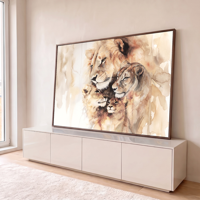Quadro Decorativo Grande Família de Leões Bege para Sala | quadros decorativos para sala | família de leões em aquarela sépia com macho, fêmea e dois filhotes aconchegados | em Quadros para Sala | Porao dos Quadros
