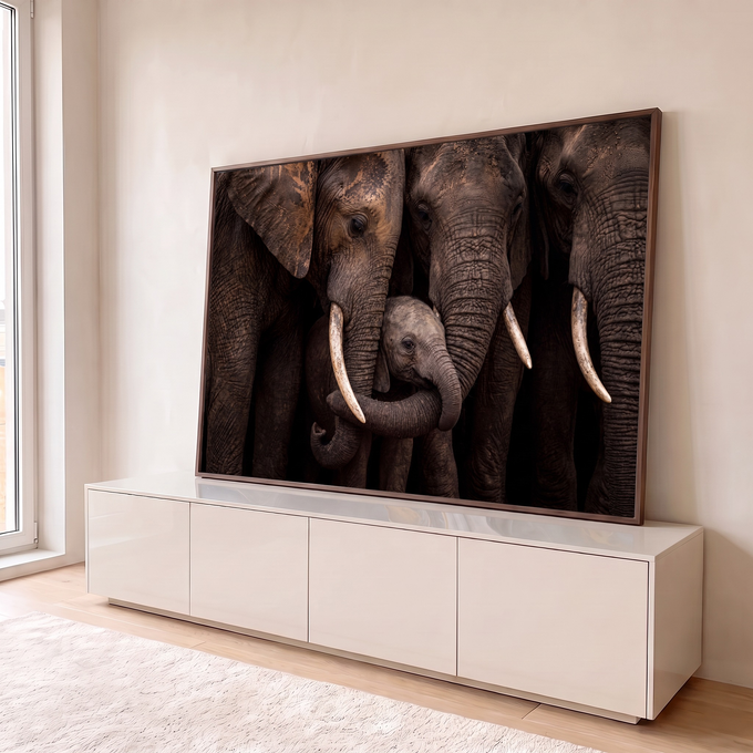 Fotografia de elefantes adultos envolvendo o filhote com as trombas em tons marrons, quadro decorativo
