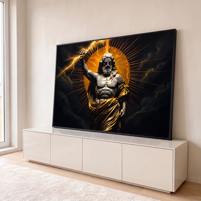 Zeus em estilo estátua erguendo raio dourado diante de halo solar e nuvens escuras, quadro decorativo