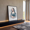 Mona Lisa pintada em aquarela azul com tinta escorrida sobre fundo branco, quadro decorativo