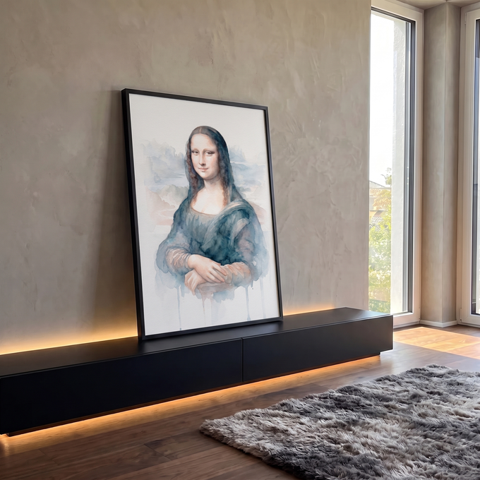 Mona Lisa pintada em aquarela azul com tinta escorrida sobre fundo branco, quadro decorativo