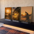 Quadro Decorativo Grande Surf ao Pôr do Sol para Sala | quadros decorativos para sala | surfistas e onda dourada ao pôr do sol em três cenas de praia | em Quadros para Sala | Porao dos Quadros