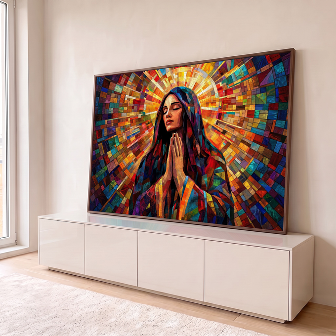 Nossa Senhora em oração com mãos unidas e auréola em mosaico colorido estilo vitral, quadro decorativo