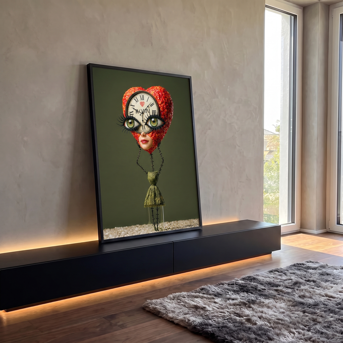 Figura surreal com cabeça de coração floral vermelho, relógio, olhos verdes e fundo verde, quadro decorativo