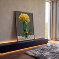 Figura surreal com cabeça de nuvem amarela, casaco verde xadrez e bicicleta verde, quadro decorativo