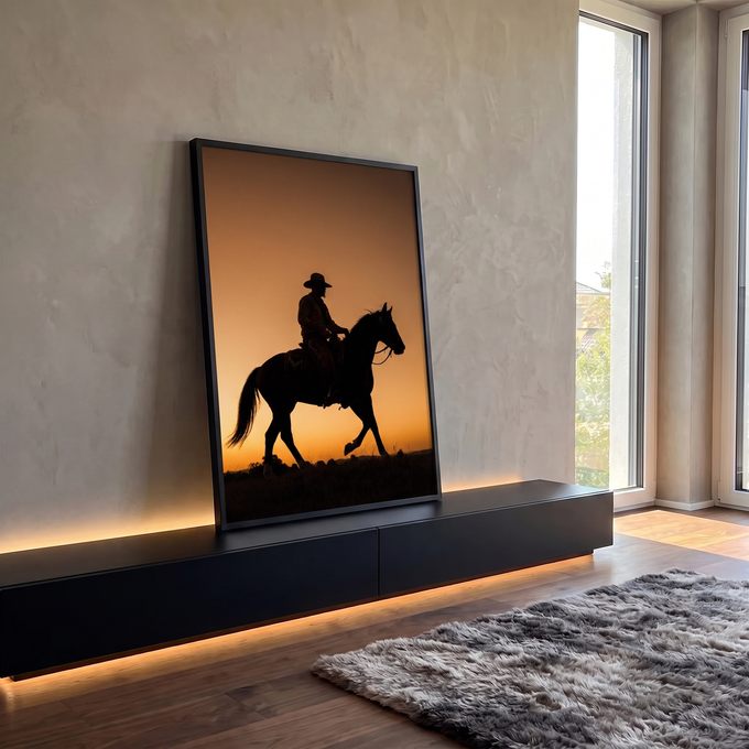 Silhueta de vaqueiro de chapéu montado em cavalo contra céu laranja de pôr do sol, quadro decorativo