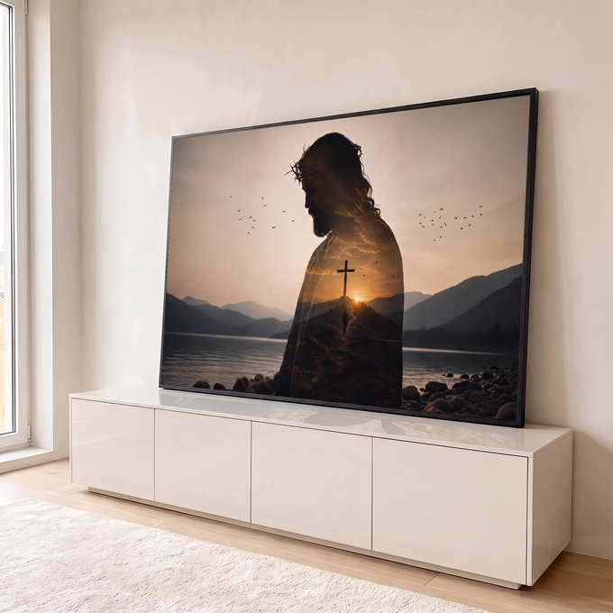 Silhueta de Jesus com coroa de espinhos e cruz no monte ao pôr do sol sobre lago, quadro decorativo