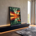 Pôr do sol com nuvens vermelhas e raios de luz refletidos no lago entre árvores, quadro decorativo