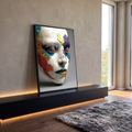 Quadro Decorativo Grande Rosto em Mapas para Sala Branco | quadros decorativos para sala | rosto esculpido em mapas antigos com cílios laranja e lábios coloridos | em Quadros para Sala | Porao dos Quadros