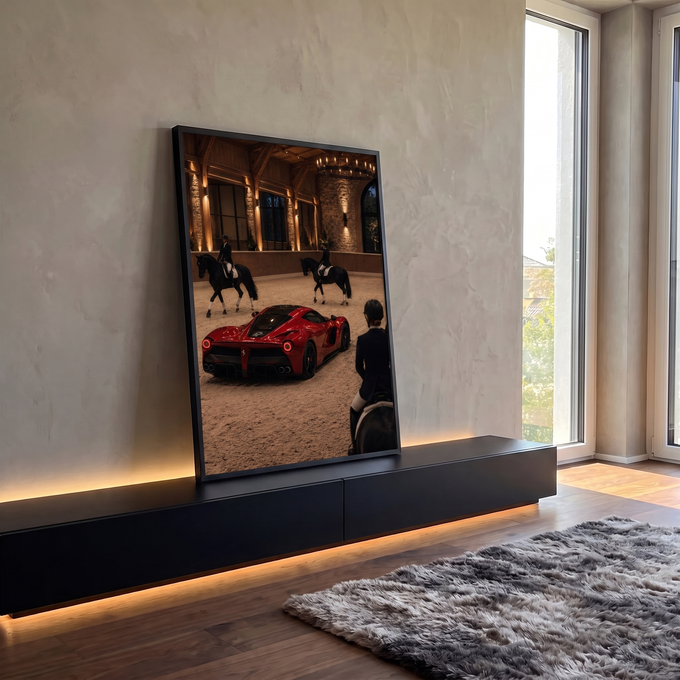 Carro esportivo vermelho em picadeiro de areia com cavalos pretos e cavaleiros, quadro decorativo