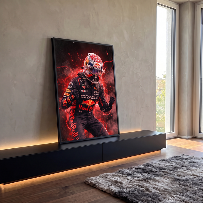 Piloto de Fórmula 1 de capacete comemorando com punhos cerrados entre raios vermelhos, quadro decorativo