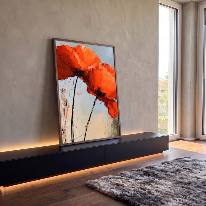 Quadro Decorativo Papoulas Vermelhas em Pinceladas | quadros decorativos para sala | duas papoulas vermelho-alaranjadas com centros pretos em pintura texturizada | em Quadros para Sala | Porao dos Quadros