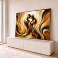 Casal abstrato em perfil com as testas encostadas entre ondas douradas, pretas e terrosas, quadro decorativo