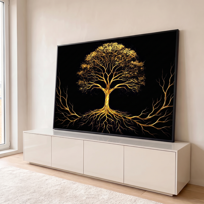 Quadro Decorativo Grande Árvore da Vida Preto para Sala | quadros decorativos para sala | árvore da vida dourada com raízes simétricas sobre fundo preto | em Quadros para Sala | Porao dos Quadros