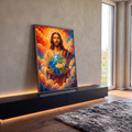 Quadro Decorativo Grande Jesus Mosaico para Sala Laranja | quadros decorativos para sala | Jesus com auréola dourada segurando o globo terrestre em mosaico colorido | em Quadros para Sala | Porao dos Quadros
