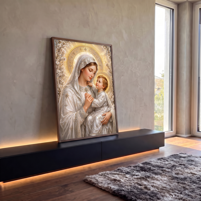 Quadro Decorativo Grande Nossa Senhora para Sala Branco | quadros decorativos para sala | Nossa Senhora com véu branco segurando o Menino Jesus, auréolas douradas e flores | em Quadros para Sala | Porao dos Quadros