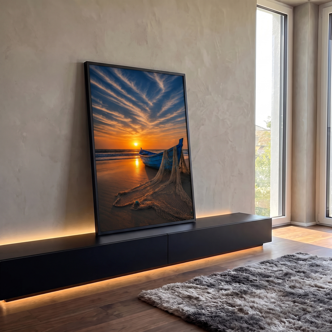 Barco azul de pesca com rede na areia da praia sob céu com nuvens e pôr do sol laranja, quadro decorativo