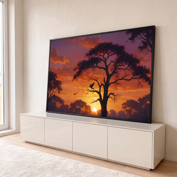 Quadro Decorativo Grande Árvore em Silhueta para Sala | quadros decorativos para sala | árvore em silhueta com pássaro pousado e pôr do sol laranja ao fundo | em Quadros para Sala | Porao dos Quadros