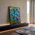 Orquídea turquesa com manchas roxas, pétalas onduladas e gotas de orvalho em jardim, quadro decorativo
