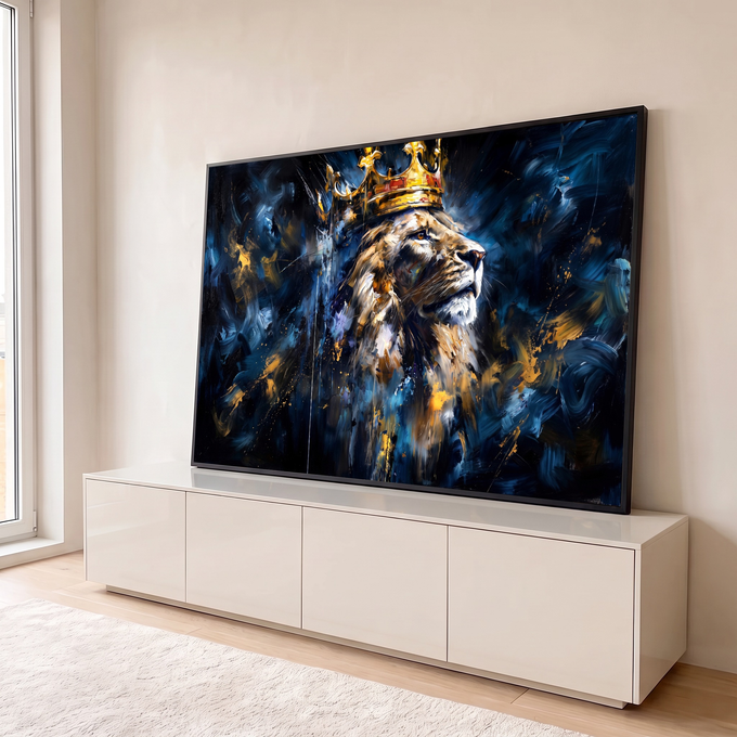 Quadro Decorativo Grande Leão com Coroa Azul para Sala | quadros decorativos para sala | leão de perfil com coroa dourada sobre fundo azul escuro com respingos de tinta | em Quadros para Sala | Porao dos Quadros