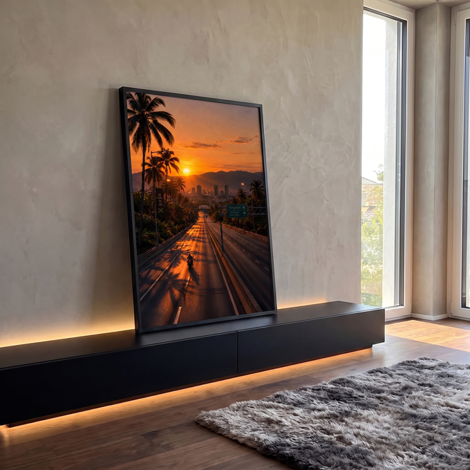 Pôr do sol laranja sobre rodovia com palmeiras, moto e cidade entre montanhas, quadro decorativo