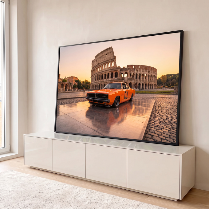 Muscle car laranja número 01 diante do Coliseu de Roma ao pôr do sol, quadro decorativo