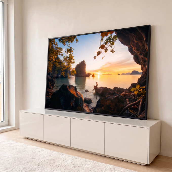Quadro Decorativo Grande Pôr do Sol Ilhas Rochosas para Sala | quadros decorativos para sala | mulher silhueta ao pôr do sol entre ilhas rochosas e galhos dourados | em Quadros para Sala | Porao dos Quadros