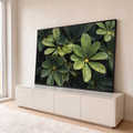Quadro Decorativo Grande Folhas Verdes Verde para Sala | quadros decorativos para sala | folhas verdes dispostas em leque cobertas de gotas de orvalho em close-up | em Quadros para Sala | Porao dos Quadros