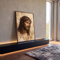 Quadro Decorativo Grande Jesus Cristo Marrom para Sala | quadros decorativos para sala | Jesus Cristo com coroa de espinhos, olhos fechados, pintura em tons dourados e bege | em Quadros para Sala | Porao dos Quadros