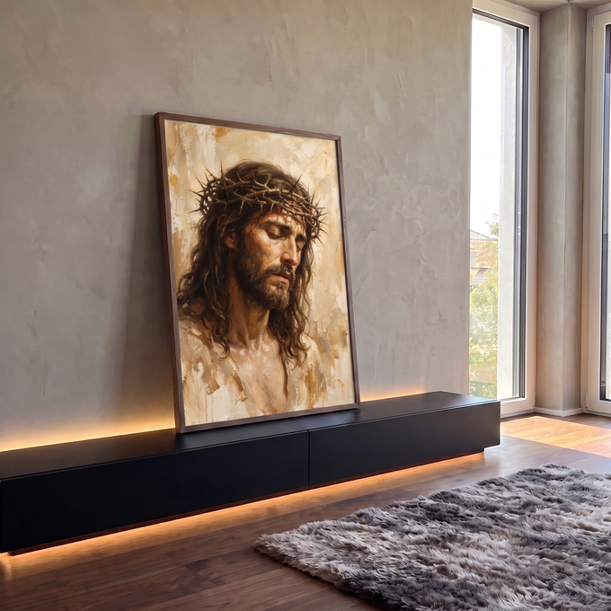 Quadro Decorativo Grande Jesus Cristo Marrom para Sala | quadros decorativos para sala | Jesus Cristo com coroa de espinhos, olhos fechados, pintura em tons dourados e bege | em Quadros para Sala | Porao dos Quadros