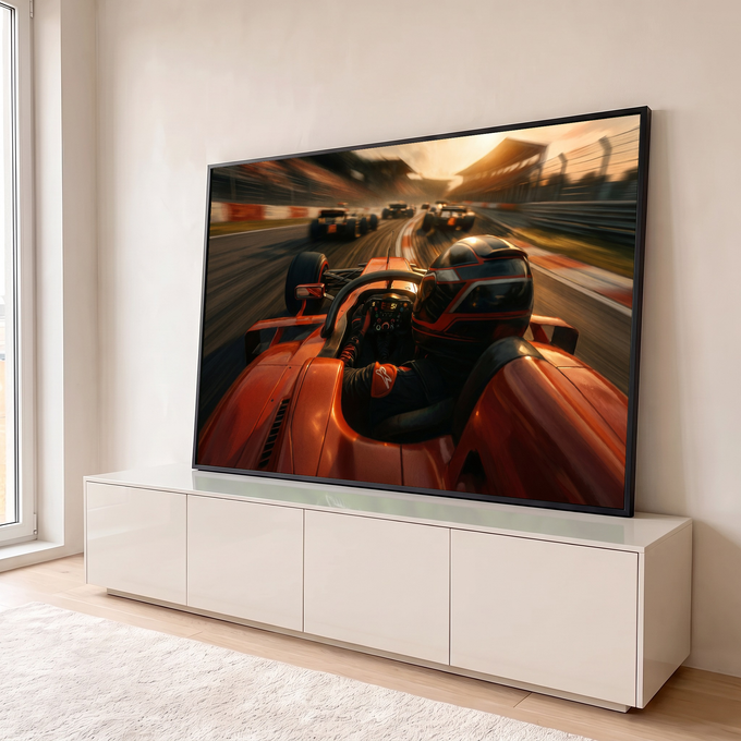 Piloto de Fórmula 1 em carro laranja disputando corrida na pista ao pôr do sol, quadro decorativo