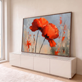 Quadro Decorativo Grande Papoulas Vermelhas para Sala | quadros decorativos para sala | duas papoulas vermelho-alaranjadas texturizadas sobre fundo cinza com caules pretos | em Quadros para Sala | Porao dos Quadros