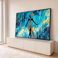 Quadro Decorativo Grande Silhueta Feminina para Sala Azul | quadros decorativos para sala | silhueta de mulher africana com turbante e vestido estampado sobre fundo azul e dourado | em Quadros para Sala | Porao dos Quadros