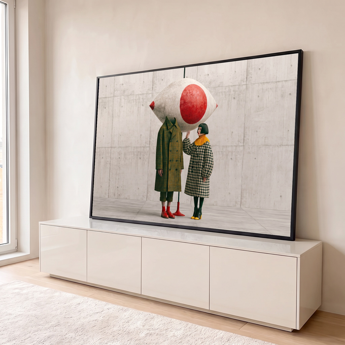 Olho gigante branco e vermelho sobre figura de casaco xadrez ao lado de mulher em pied de poule, quadro decorativo