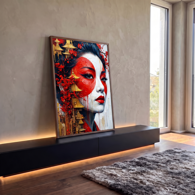 Rosto de gueixa pintado em vermelho e branco com cerejeiras e pagodes dourados, quadro decorativo