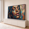 Rosto de mulher de olhos fechados em pintura a óleo com espátula em azul e laranja, quadro decorativo
