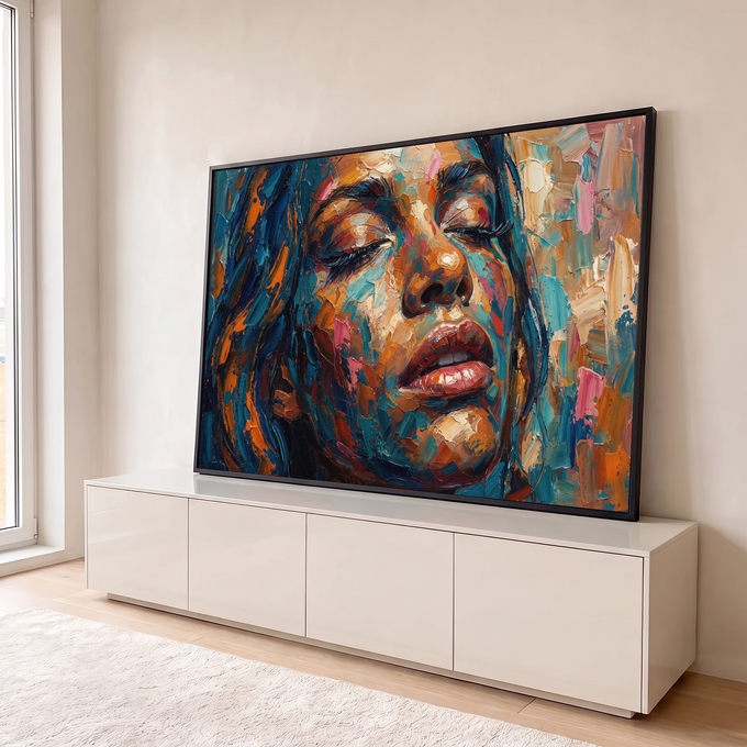 Rosto de mulher de olhos fechados em pintura a óleo com espátula em azul e laranja, quadro decorativo