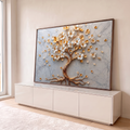Árvore da vida dourada com flores brancas em relevo e pétalas sobre fundo de mármore, quadro decorativo