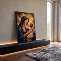 Quadro Decorativo Grande Nossa Senhora Mãe e Filho para Sala | quadros decorativos para sala | Nossa Senhora de véu azul e dourado segurando o Menino Jesus vestido de branco | em Quadros para Sala | Porao dos Quadros