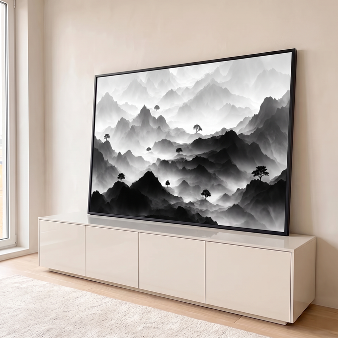 Quadro Decorativo Grande Montanhas Nevoentas para Sala Preto | quadros decorativos para sala | montanhas em camadas de preto e branco com árvores solitárias entre a névoa | em Quadros para Sala | Porao dos Quadros