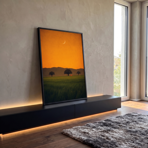 Céu laranja com lua crescente, montanhas, três árvores e casinha em campo verde, quadro decorativo