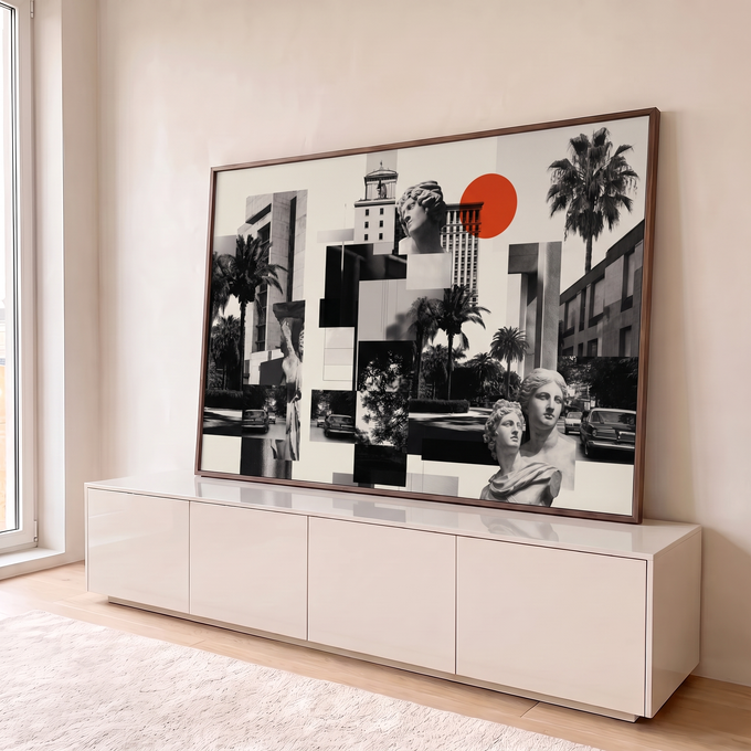 Quadro Decorativo Grande Colagem Urbana para Sala Preto | quadros decorativos para sala | colagem preto e branco com prédios, palmeiras, carros antigos e bustos clássicos | em Quadros para Sala | Porao dos Quadros