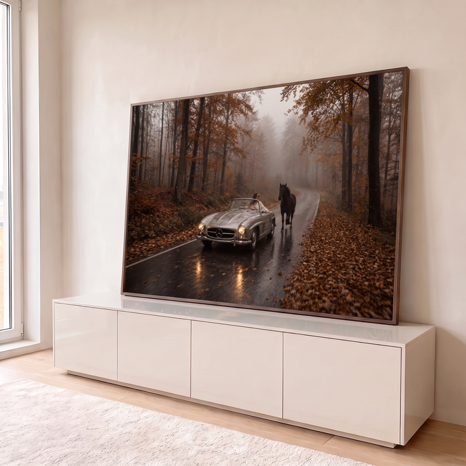 Carro clássico conversível prata em estrada molhada de floresta no outono com cavalo preto, quadro decorativo
