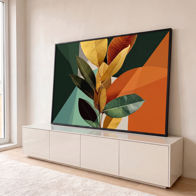 Ramo de ficus com folhas verdes, amarelas e terracota sobre fundo geométrico, quadro decorativo