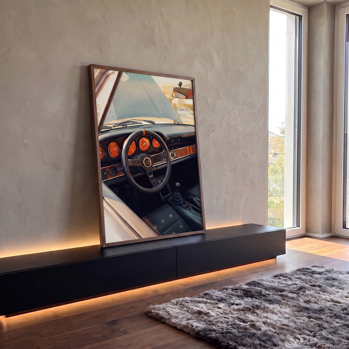 Pintura do interior de Porsche clássico com volante preto e relógios laranja, quadro decorativo