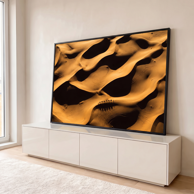 Quadro Decorativo Grande Paisagem para Sala Dourado | quadros decorativos para sala | vista aérea de dunas douradas com caravana de camelos atravessando o deserto | em Quadros para Sala | Porao dos Quadros