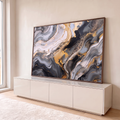 Quadro Decorativo Grande Mármore Líquido Preto para Sala | quadros decorativos para sala | arte abstrata fluida com ondas pretas, brancas e douradas com brilho metálico | em Quadros para Sala | Porao dos Quadros