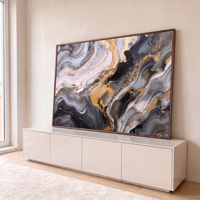 Quadro Decorativo Grande Mármore Líquido Preto para Sala | quadros decorativos para sala | arte abstrata fluida com ondas pretas, brancas e douradas com brilho metálico | em Quadros para Sala | Porao dos Quadros
