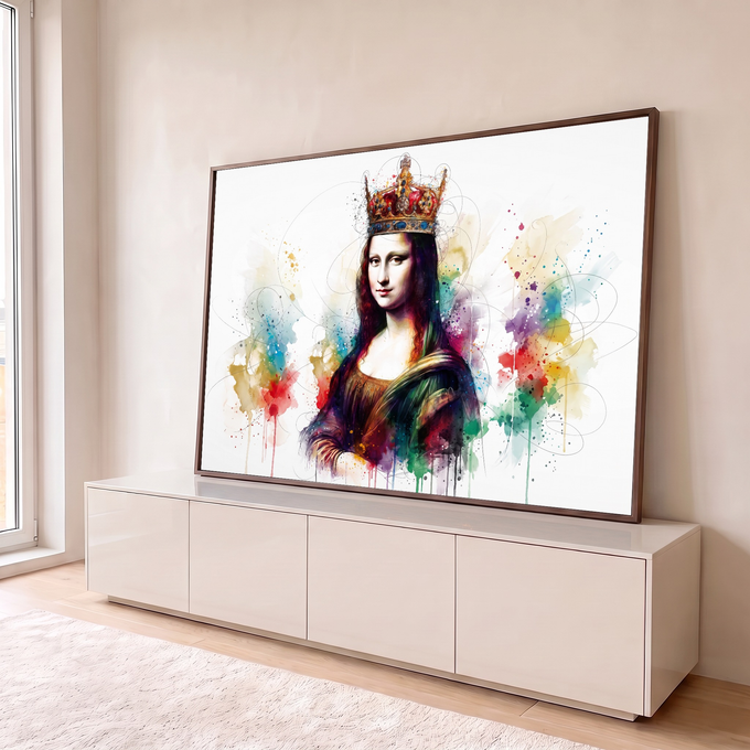 Quadro Decorativo Grande Mona Lisa com Coroa para Sala Roxo | quadros decorativos para sala | retrato de mulher com coroa dourada e respingos de aquarela colorida ao fundo | em Quadros para Sala | Porao dos Quadros